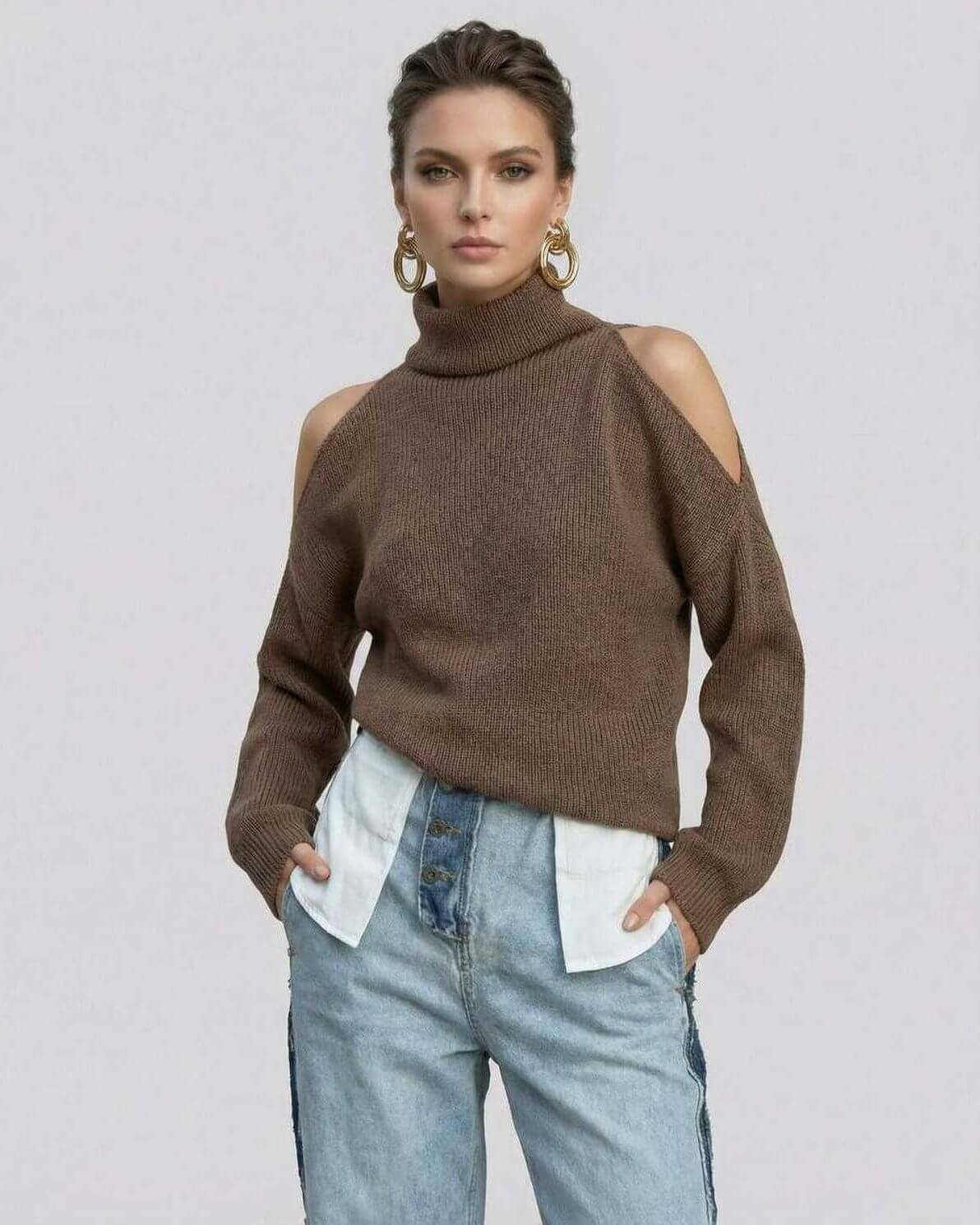 Sahara Sweater by Lauven – Women’s Turtleneck Sweater with Cutout Shoulders, perfect for day to night styling.