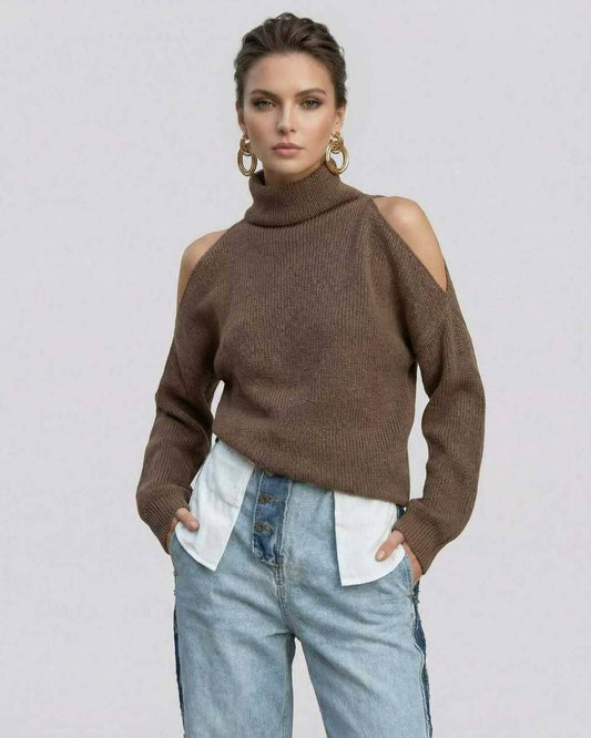 Sahara Sweater by Lauven – Women’s Turtleneck Sweater with Cutout Shoulders, perfect for day to night styling.
