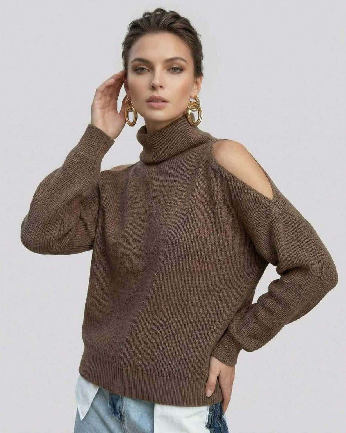 Sahara Sweater by Lauven – Women’s turtleneck sweater with cutout shoulders in brown.