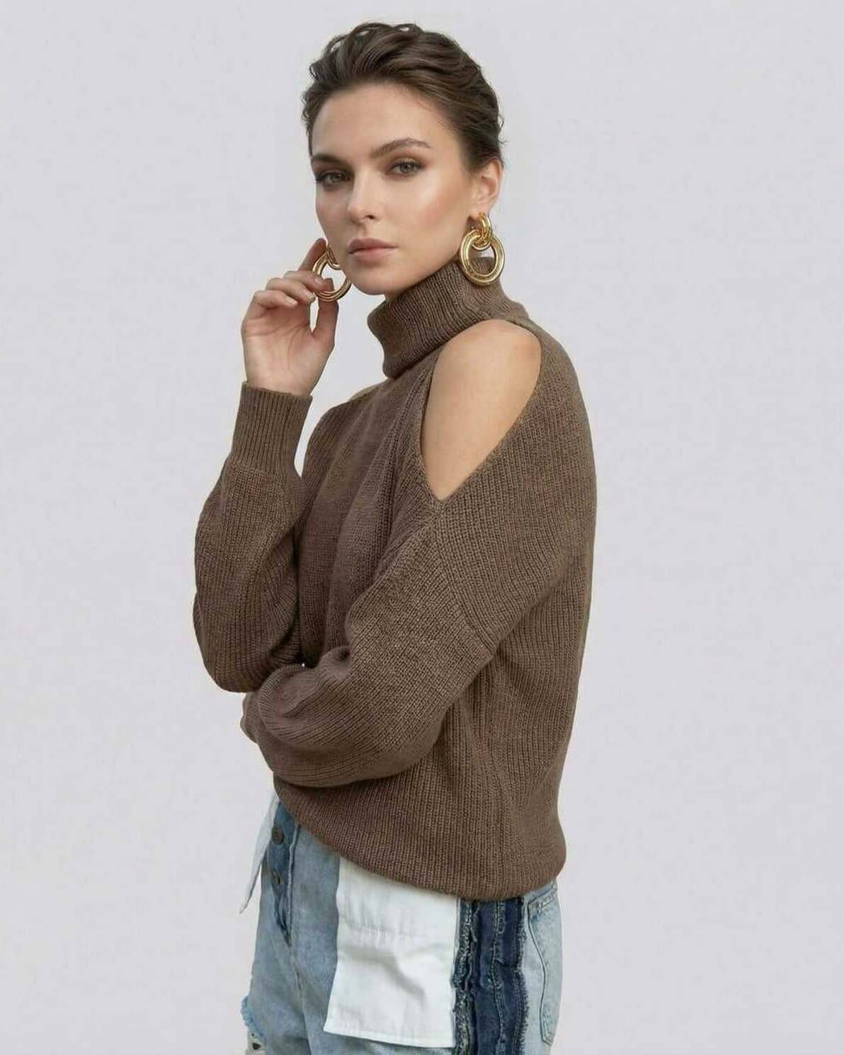 Sahara Sweater by Lauven – Women’s turtleneck sweater with cutout shoulders, perfect for day to night wear.