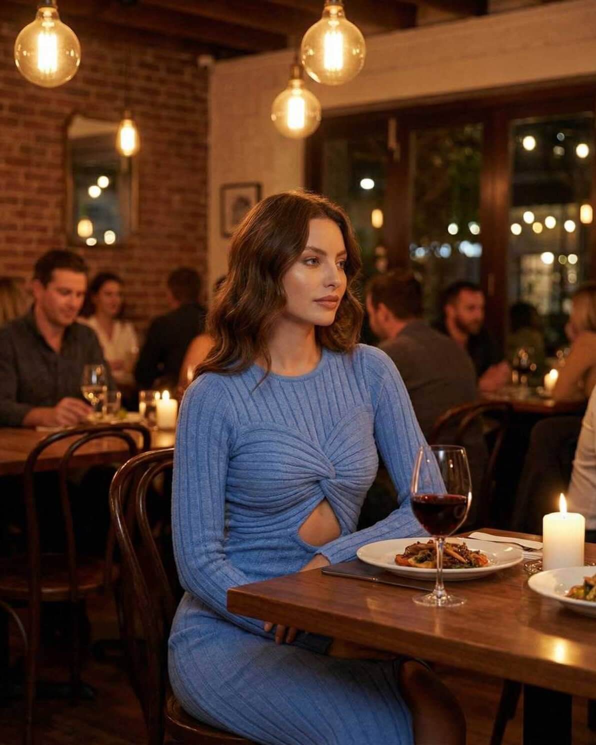 Sienna Maxi Dress by Lauven in a cozy restaurant setting, featuring a blue ribbed knit long sleeve design and elegant cutout.