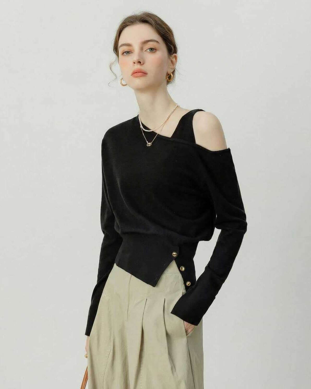 Monaco Pullover by Lauven - Black Off Shoulder Pullover with Asymmetric Knit Detail