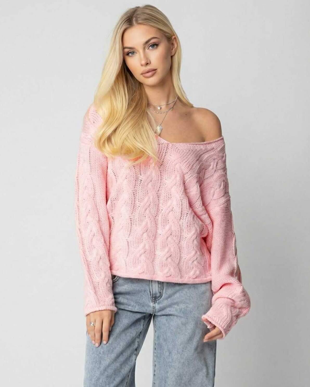 Sienna Sweater by Lauven - Women’s Pink V-Neck Sweater with Long Sleeve Rib Knit Detail in a loose fit.