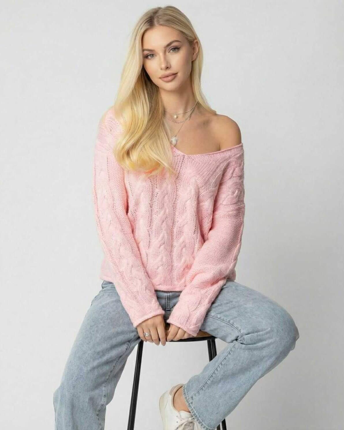 Sienna Sweater by Lauven - Women's Pink V-Neck Sweater with Rib Knit Detail and Long Sleeves