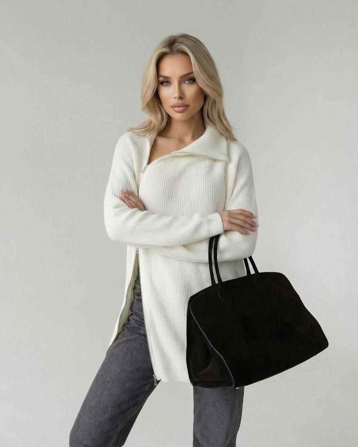 Aspen Sweater by Lauven - Women’s White Turtleneck Sweater in a Loose Fit with Long Sleeves and refined ribbed texture.