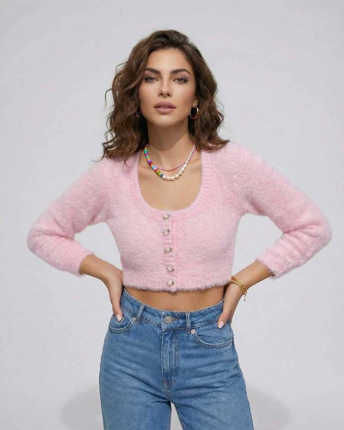 Valencia Cardigan by Lauven – Women's pink cropped cardigan sweater with long sleeves and a plush finish.