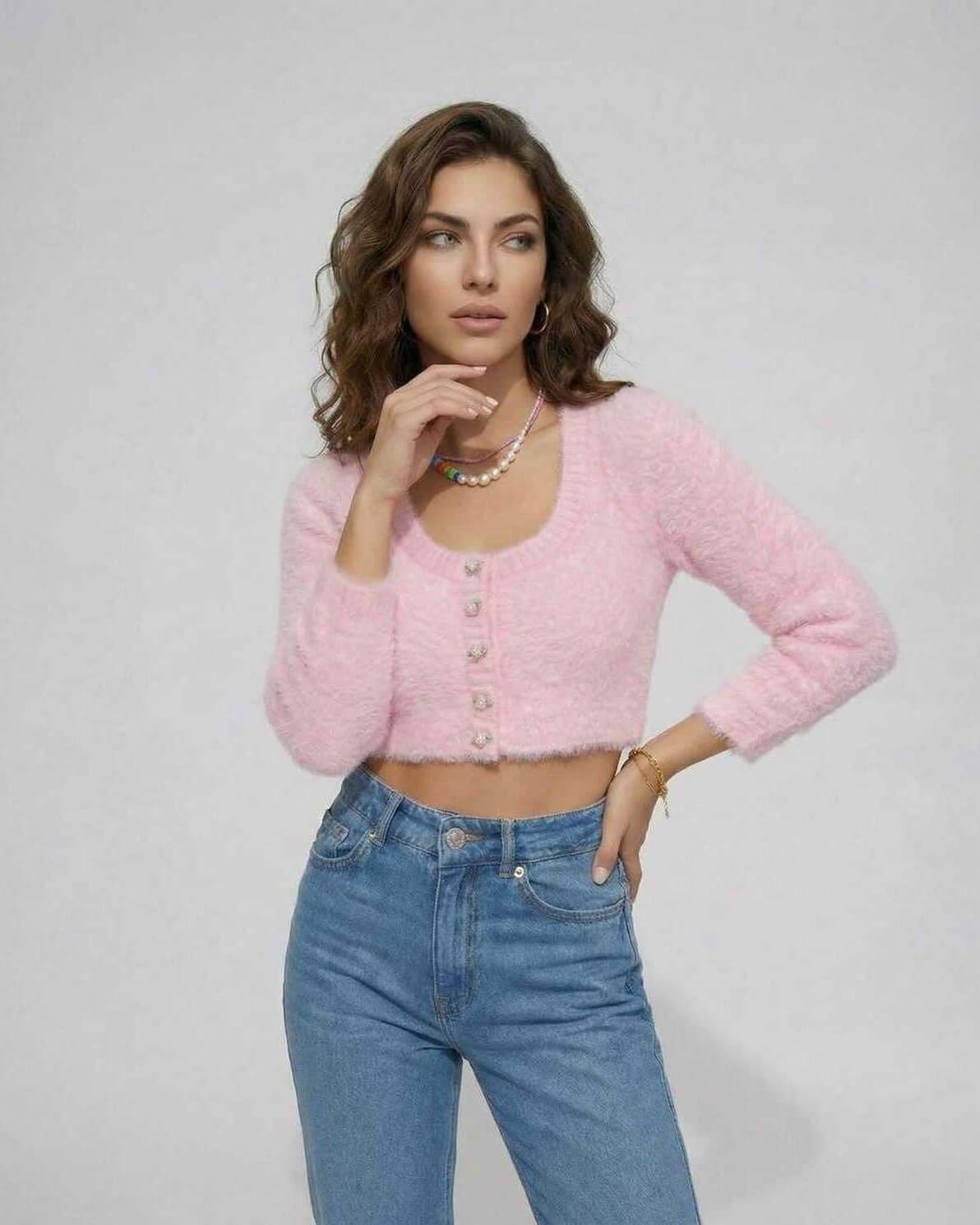 Valencia Cardigan by Lauven – Women's pink cropped cardigan sweater with buttons and long sleeves.