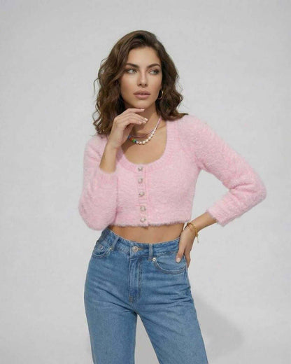 Valencia Cardigan by Lauven – Women's pink cropped cardigan sweater with buttons and long sleeves.