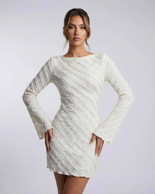 Sienna Mini Dress by Lauven, white long sleeve A-line mini dress with textured finish and soft structured drape.