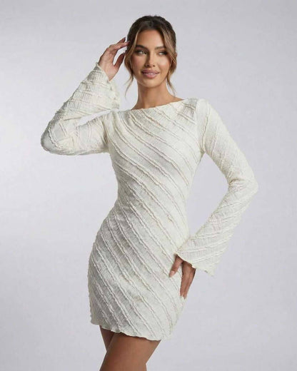 Sienna Mini Dress by Lauven - White textured long sleeve A-line mini dress with a chic silhouette.