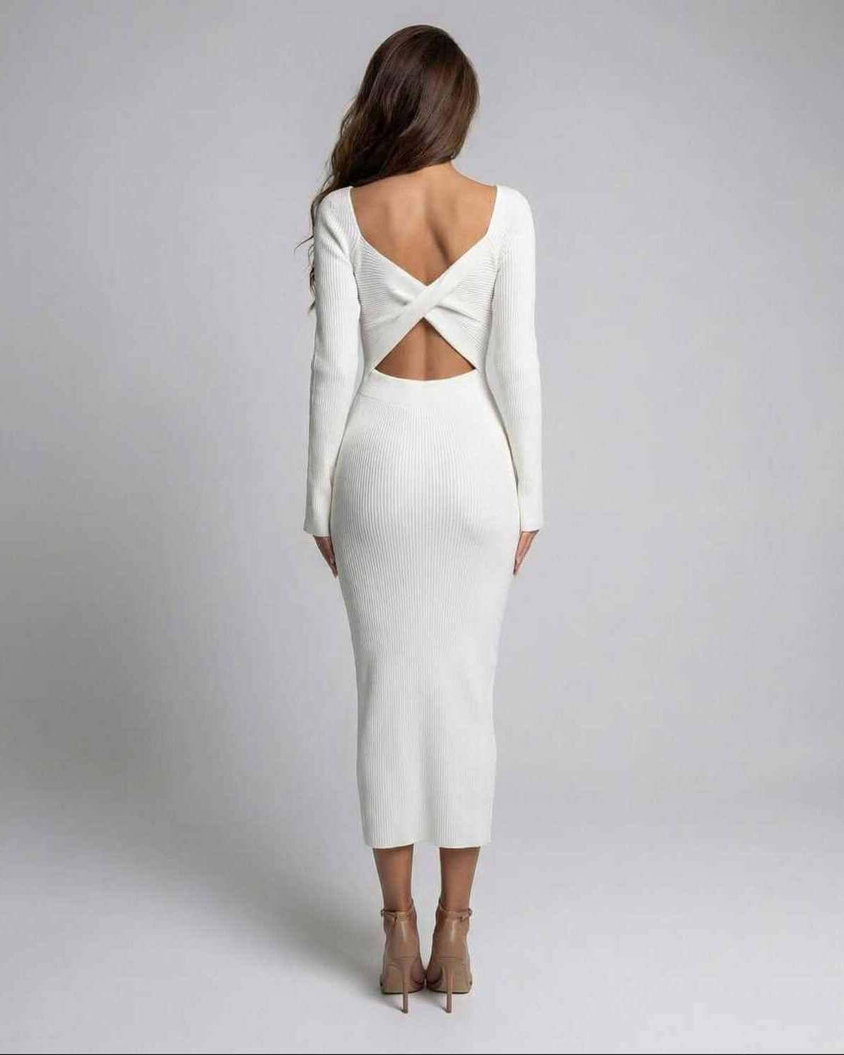 Back view of Sienna Midi Dress by Lauven, showcasing the elegant cut out detail and bodycon silhouette.