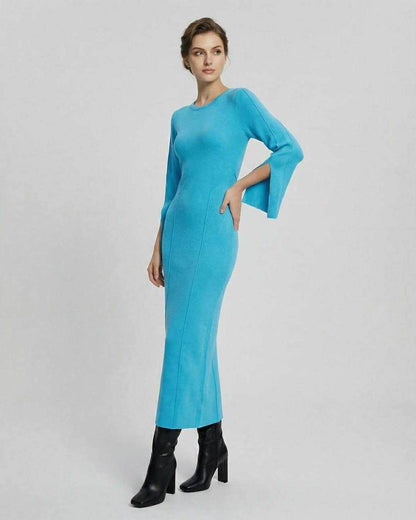 Azurea Midi Dress by Lauven – Women's blue midi dress with long sleeves and slim fit.