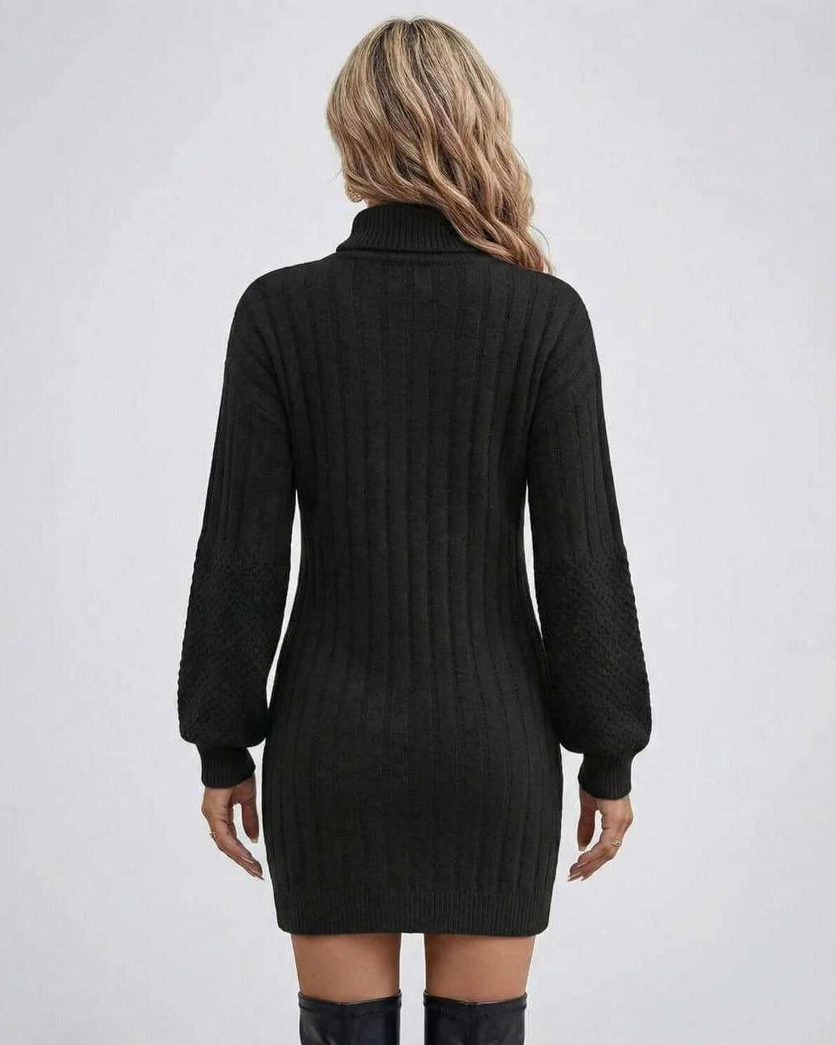 Monaco Sweater Dress by Lauven, women’s black turtleneck sweater dress, back view, ribbed knit design.