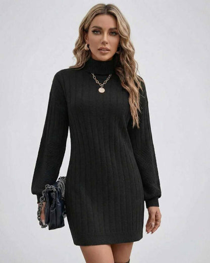 Monaco Sweater Dress by Lauven, women’s black turtleneck sweater dress in ribbed knit.