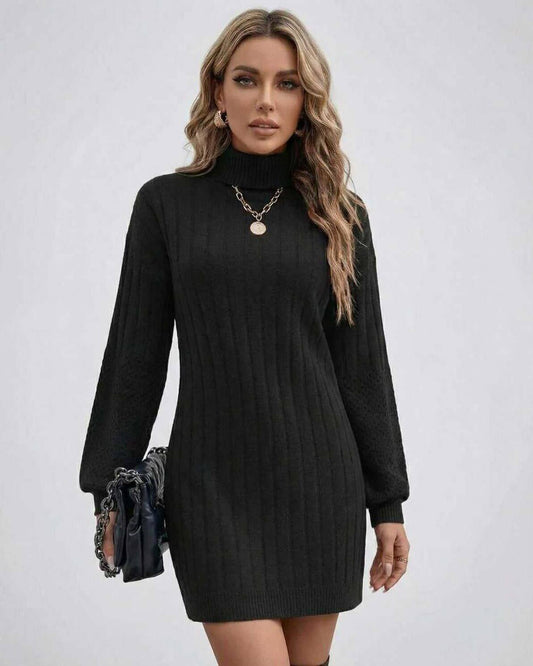 Monaco Sweater Dress by Lauven, women’s black turtleneck sweater dress in ribbed knit.