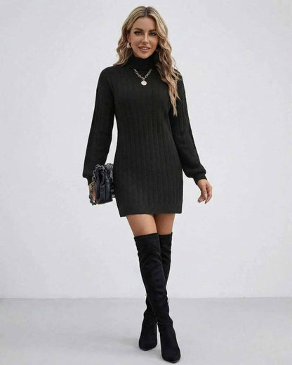 Monaco Sweater Dress by Lauven – Women’s black ribbed turtleneck sweater dress for fall and winter wear.