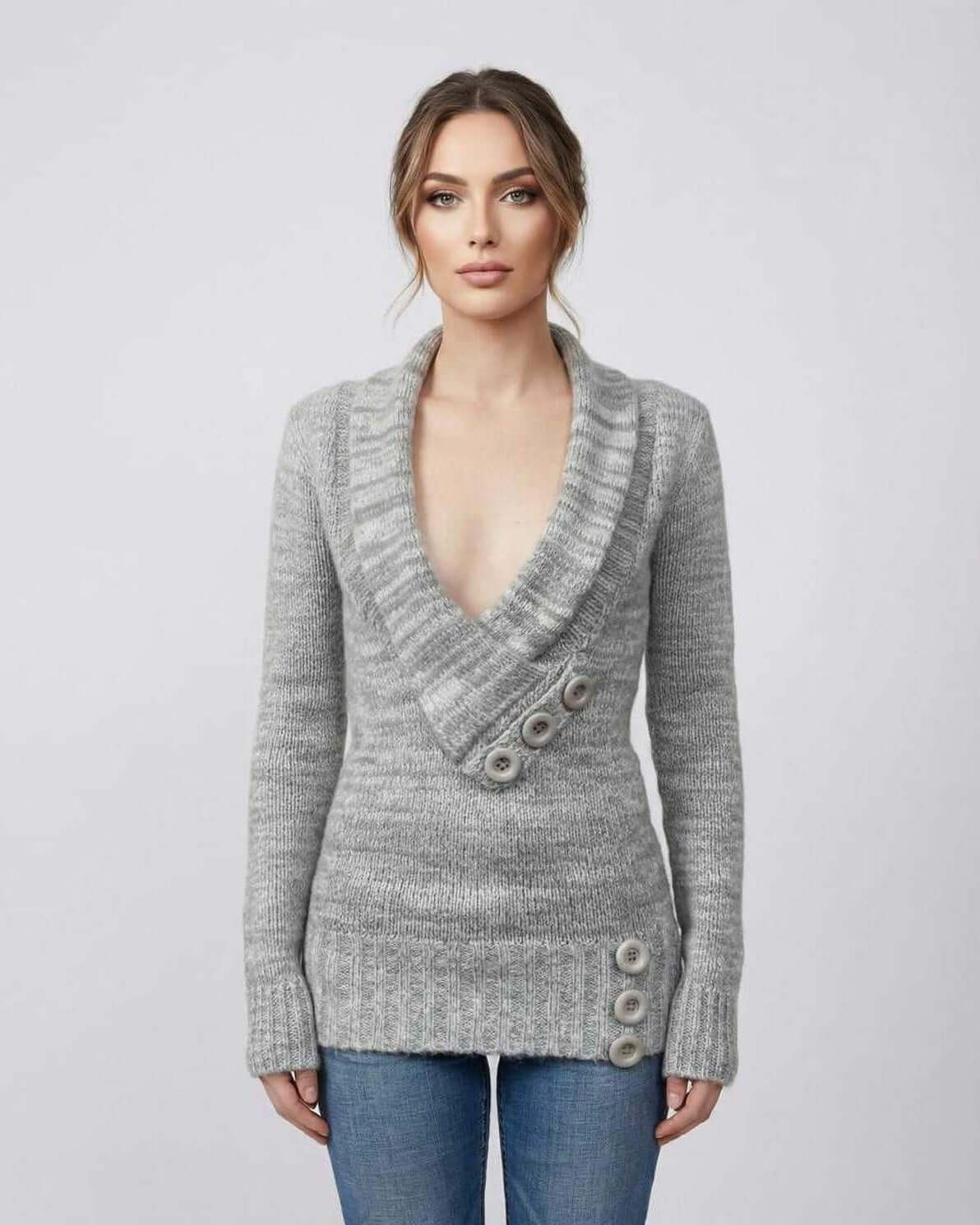 Brielle Sweater by Lauven - Women's Gray V-Neck Sweater with Button Detail, Perfect for Modern Layering