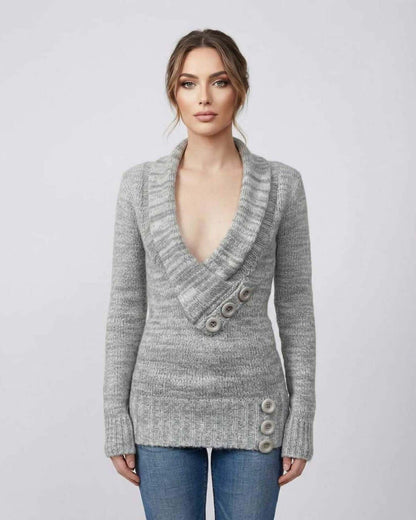 Brielle Sweater by Lauven - Women's Gray V-Neck Sweater with Button Detail, Perfect for Modern Layering
