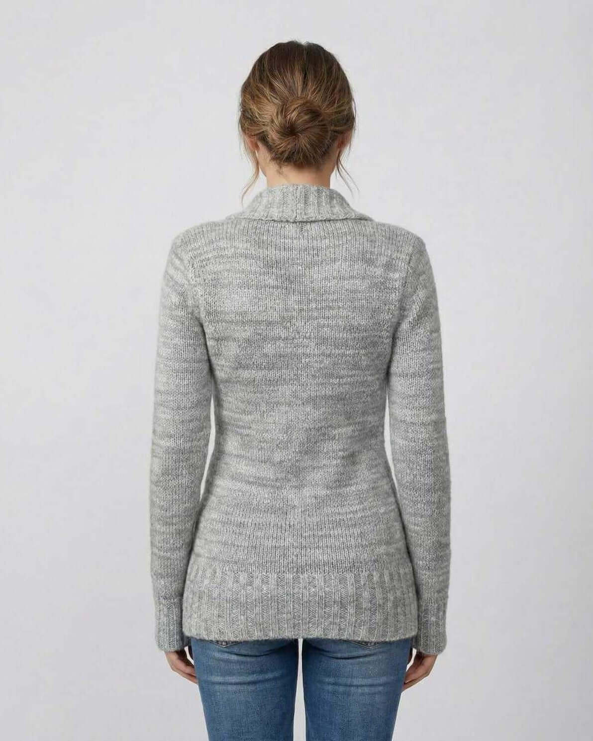 Brielle Sweater by Lauven - Back view of women's gray V-neck sweater featuring button detail.