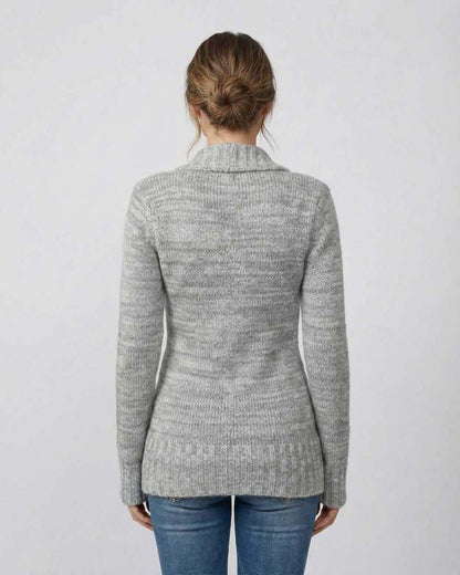 Brielle Sweater by Lauven - Back view of women's gray V-neck sweater featuring button detail.