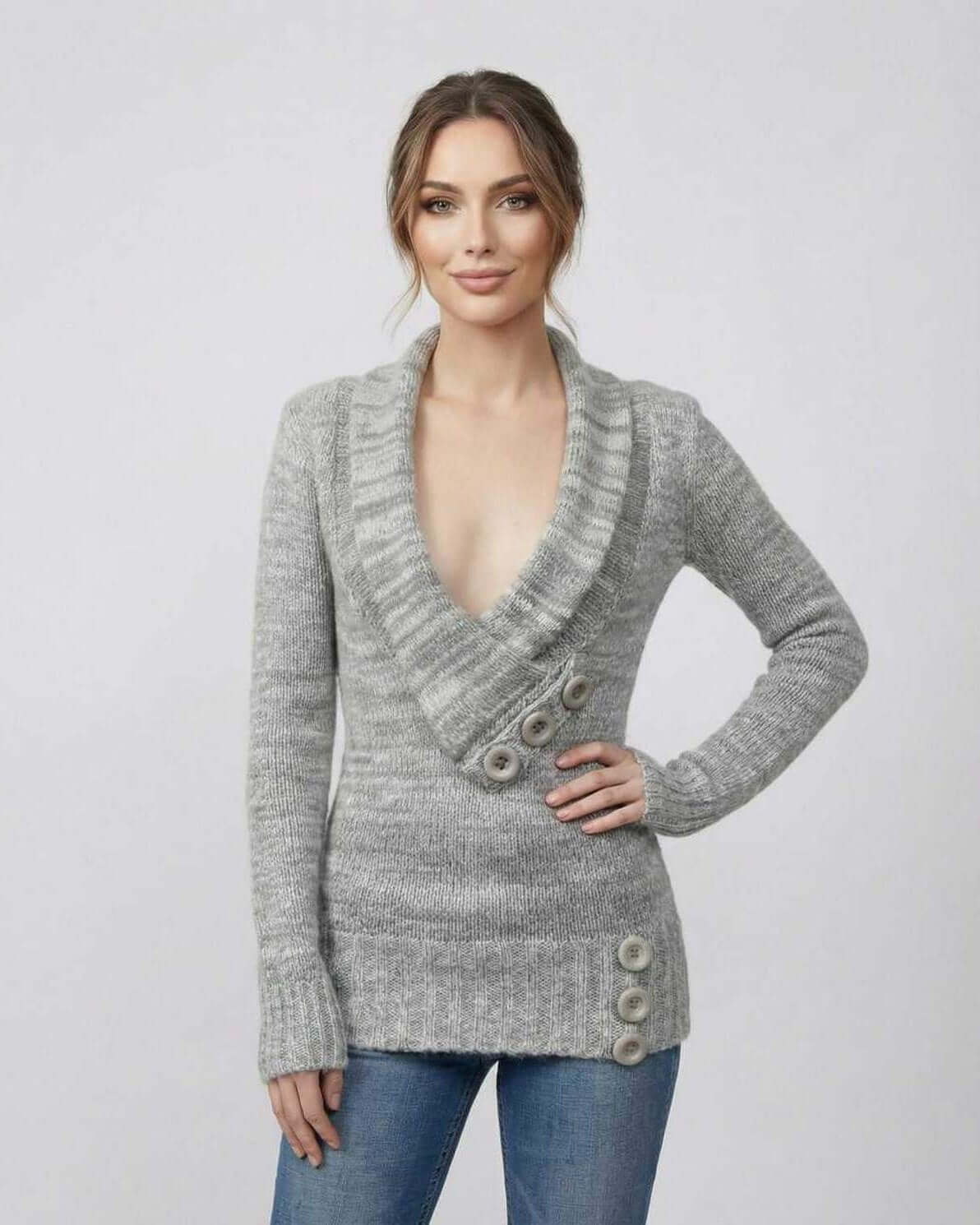Brielle Sweater by Lauven - Women's gray V-neck sweater with button detail for stylish layering.