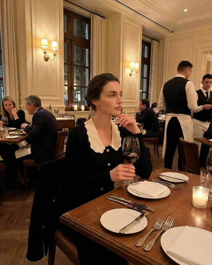 Monaco Midi Dress by Lauven, elegant women's black dress with contrast collar, perfect for sophisticated dining.