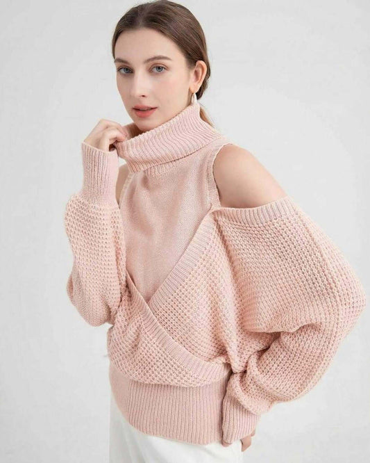 Valencia Sweater by Lauven, women's wool turtleneck sweater with cold shoulder knit detail in soft pink.