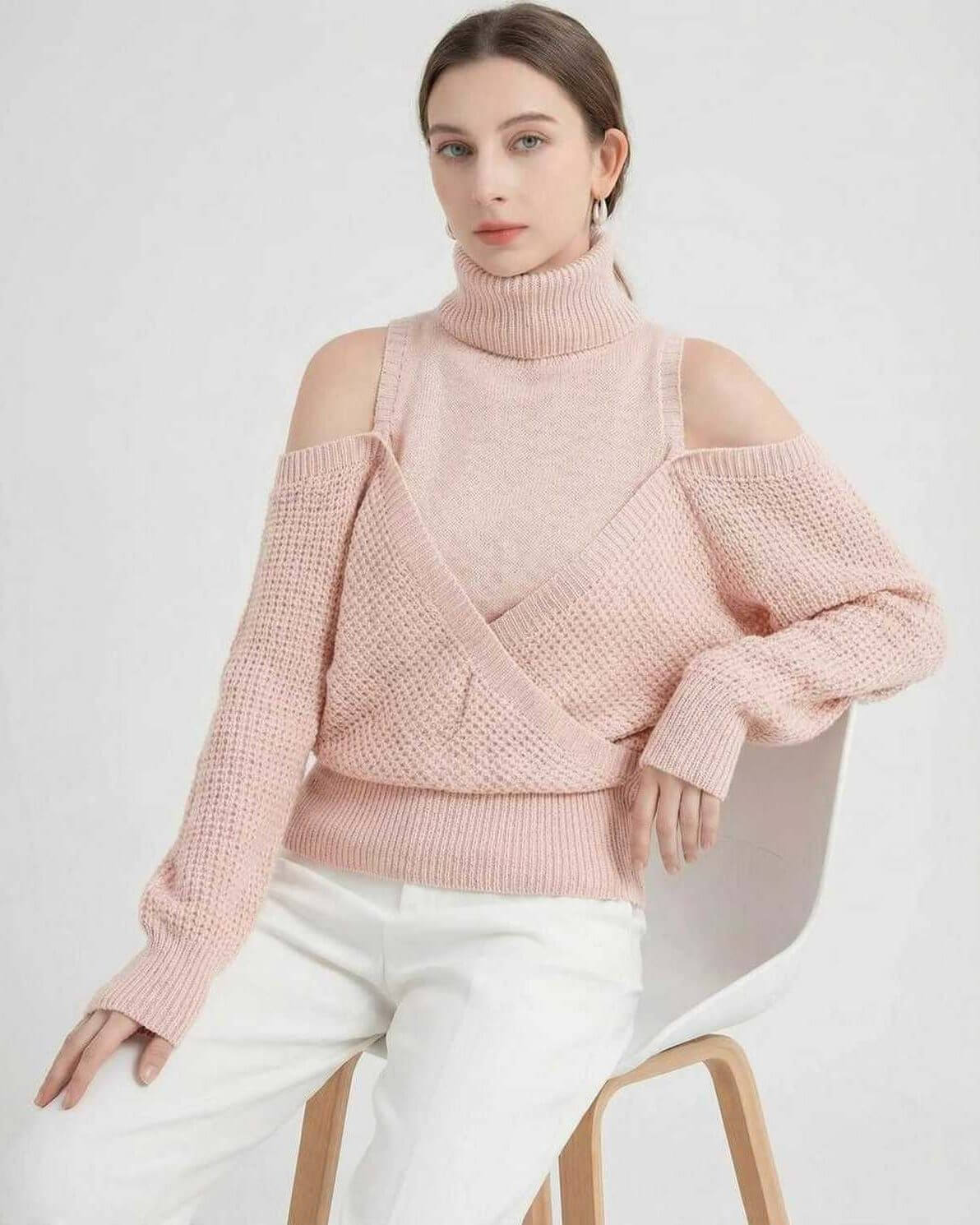 Valencia Sweater by Lauven - Women’s wool turtleneck with cold shoulder detail in soft pink color.