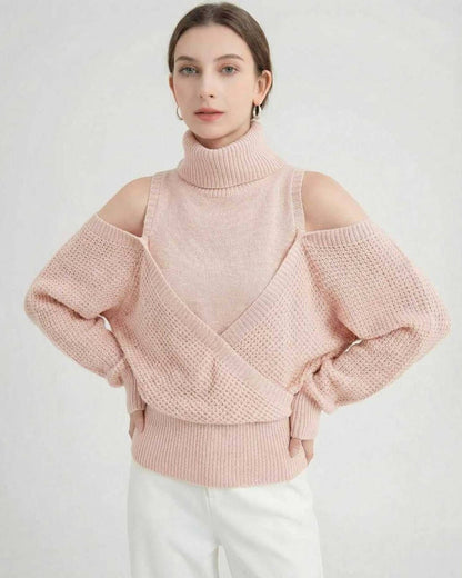 Valencia Sweater by Lauven – Women’s wool turtleneck sweater with cold shoulder detail in soft pink.