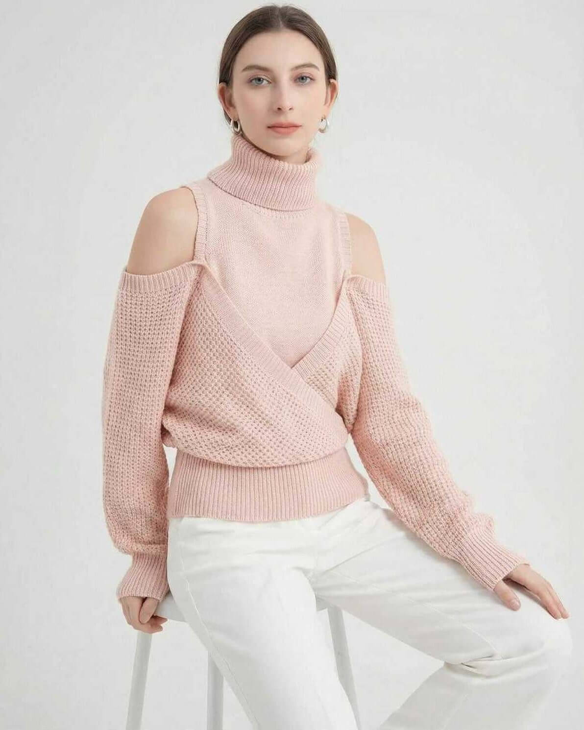 Valencia Sweater by Lauven - Women’s wool turtleneck sweater with cold shoulder detail in pink. Perfect for fall and winter.