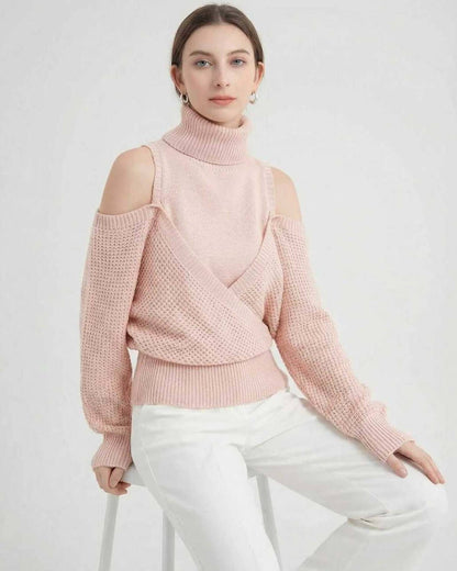 Valencia Sweater by Lauven - Women’s wool turtleneck sweater with cold shoulder detail in pink. Perfect for fall and winter.