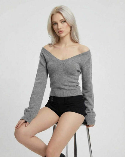 Sienna Sweater by Lauven – Women's V-Neck Slim Fit Long Sleeve Knit Sweater in grey.