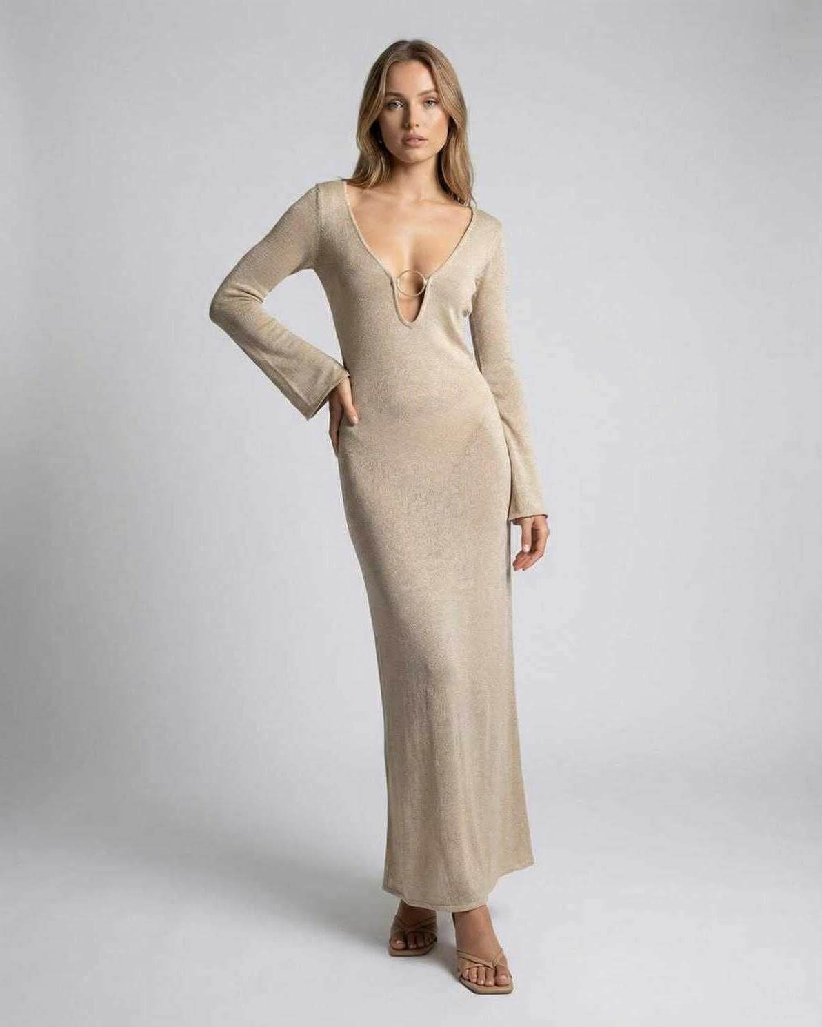 Solea Maxi Dress by Lauven – Long Sleeve Deep V-Neck Bodycon Maxi Dress with Ring Detail