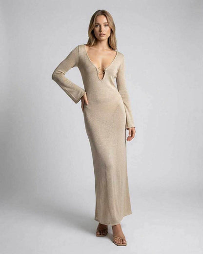 Solea Maxi Dress by Lauven – Long Sleeve Deep V-Neck Bodycon Maxi Dress with Ring Detail