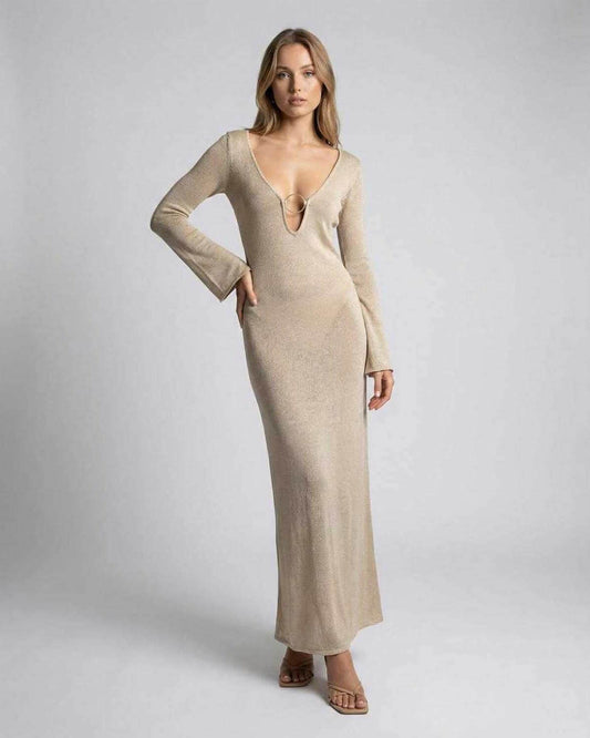 Solea Maxi Dress by Lauven – Long Sleeve Deep V-Neck Bodycon Maxi Dress with Ring Detail