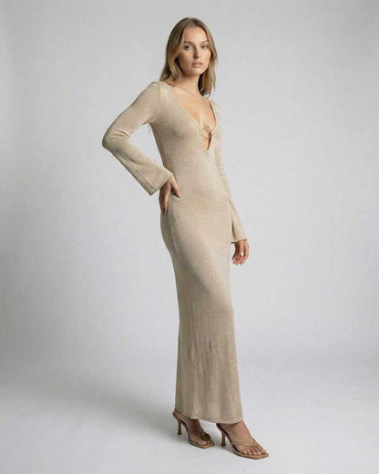 Solea Maxi Dress by Lauven – Long Sleeve Deep V-Neck Bodycon Maxi Dress in a neutral tone.