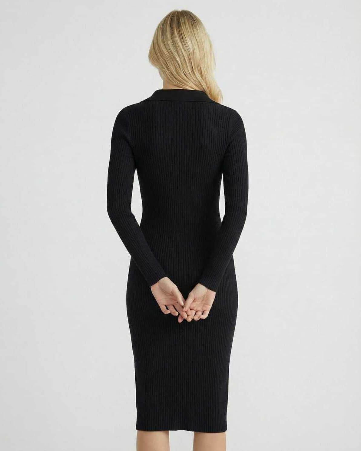 Monaco Midi Dress by Lauven - Women's Black Midi Dress with Long Sleeves and Ribbed Knit Detail