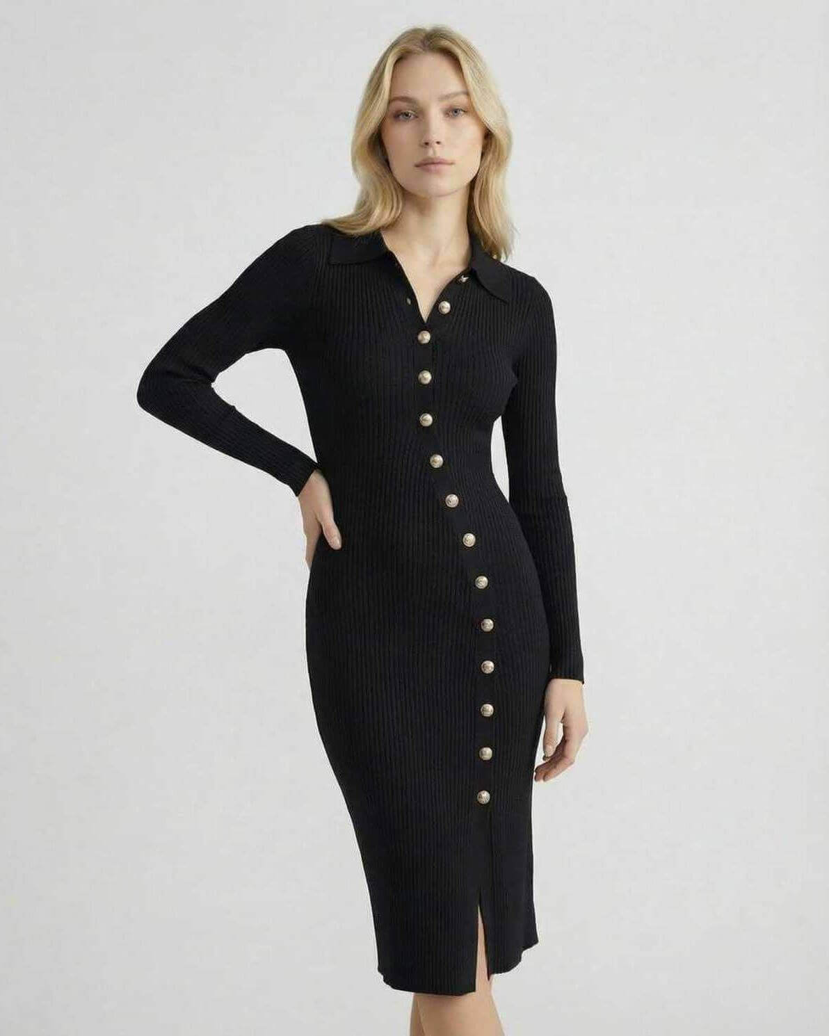 Monaco Midi Dress by Lauven - Women’s black ribbed knit dress with gold button detail and long sleeves.