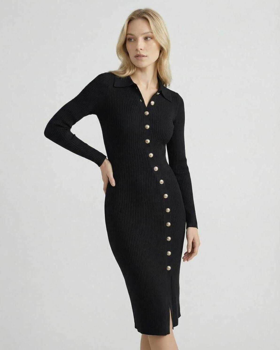 Monaco Midi Dress by Lauven - Women’s black ribbed knit dress with gold button detail and long sleeves.