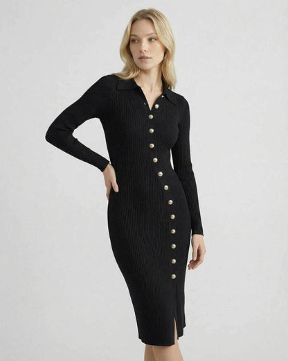 Monaco Midi Dress by Lauven - Women’s black ribbed knit dress with gold button detail and long sleeves.