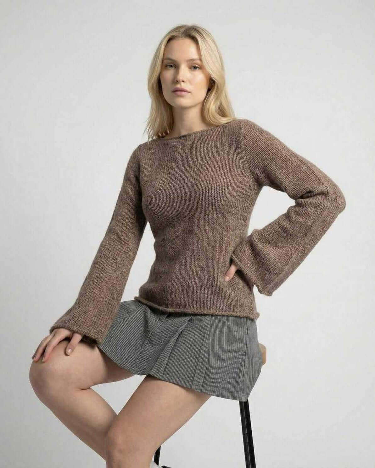 Sienna Sweater by Lauven – Women’s brown knit sweater with flare sleeves and round neck, styled elegantly.