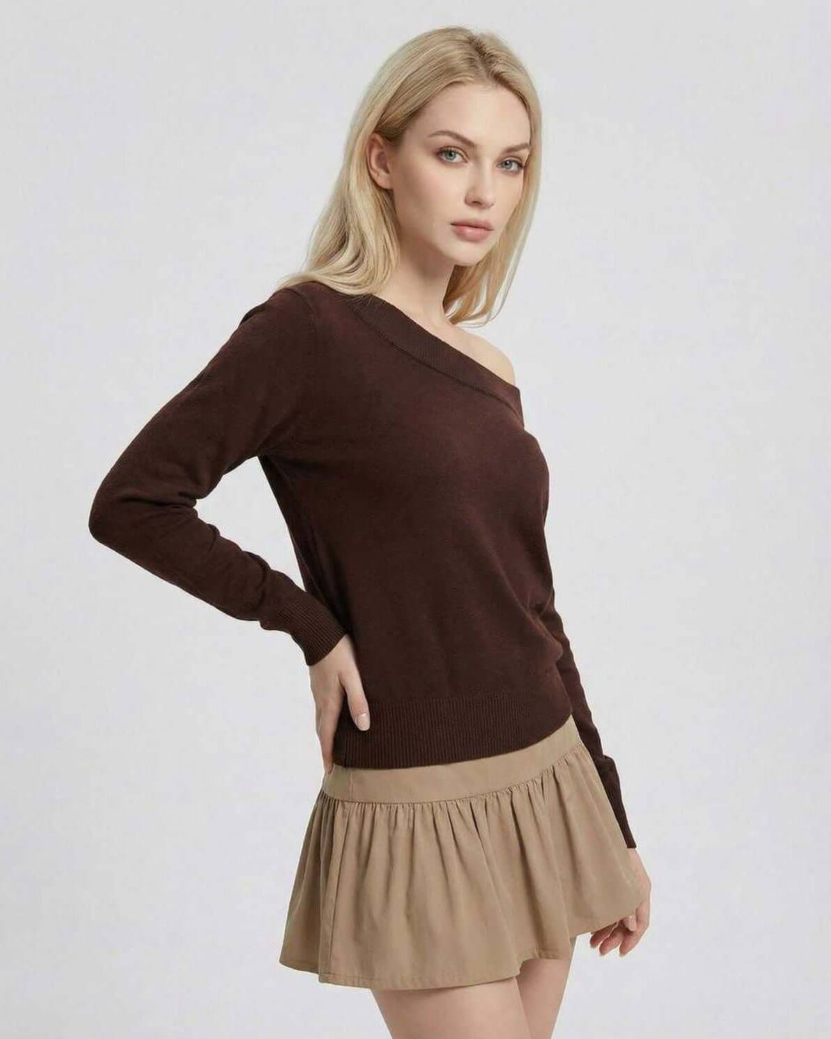 Verona Pullover by Lauven – Women's brown off shoulder pullover sweater with slim fit and soft knit texture.