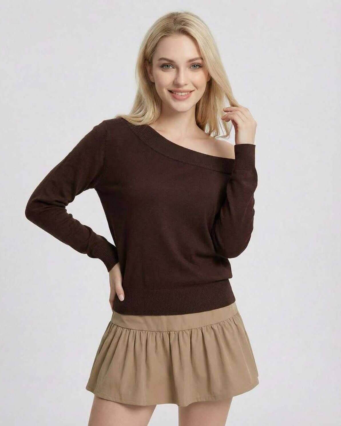 Verona Pullover by Lauven – Women's brown off shoulder pullover sweater in slim fit with stylish neckline.