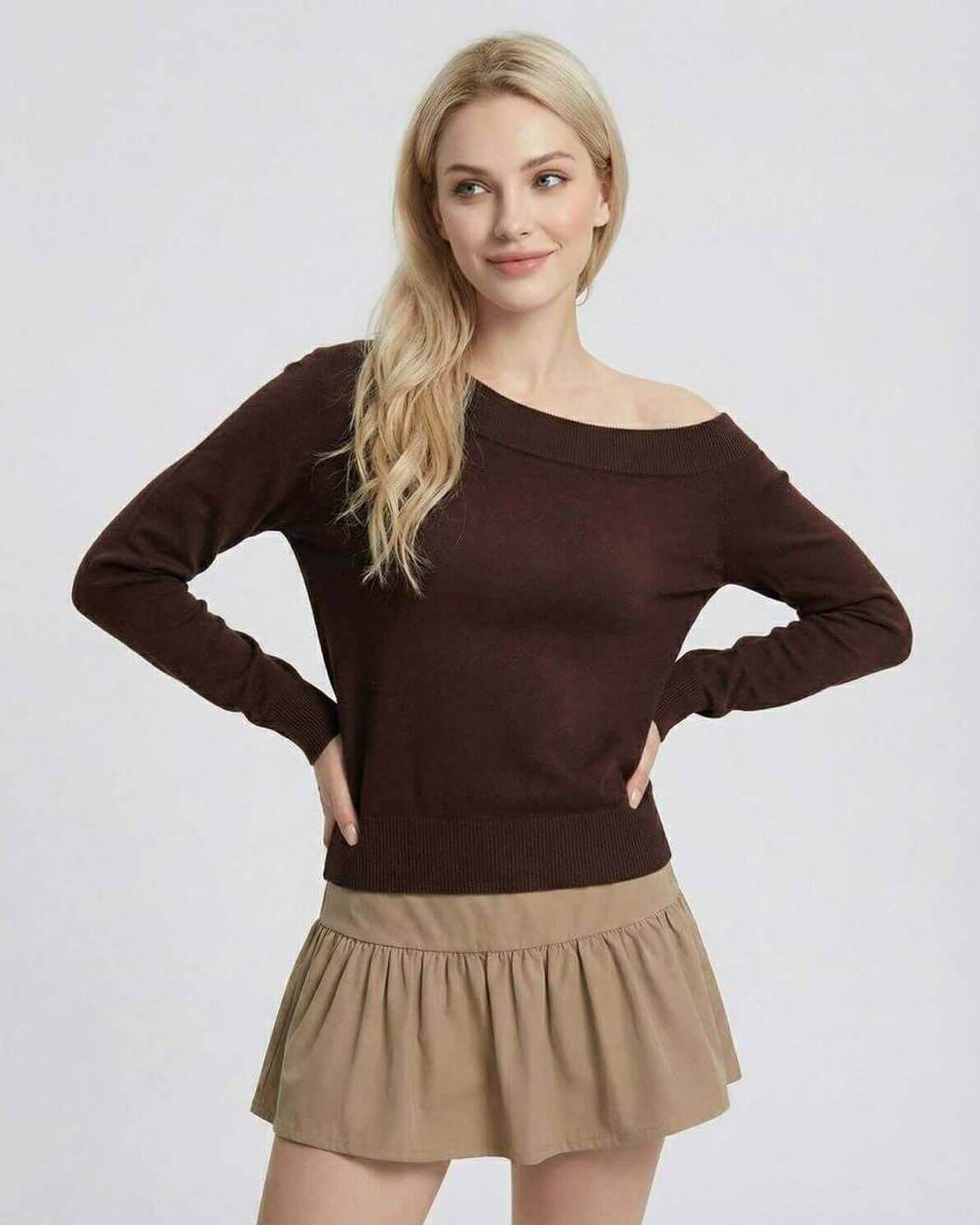 Verona Pullover by Lauven – Women’s brown off shoulder pullover sweater with a slim fit and soft knit texture.