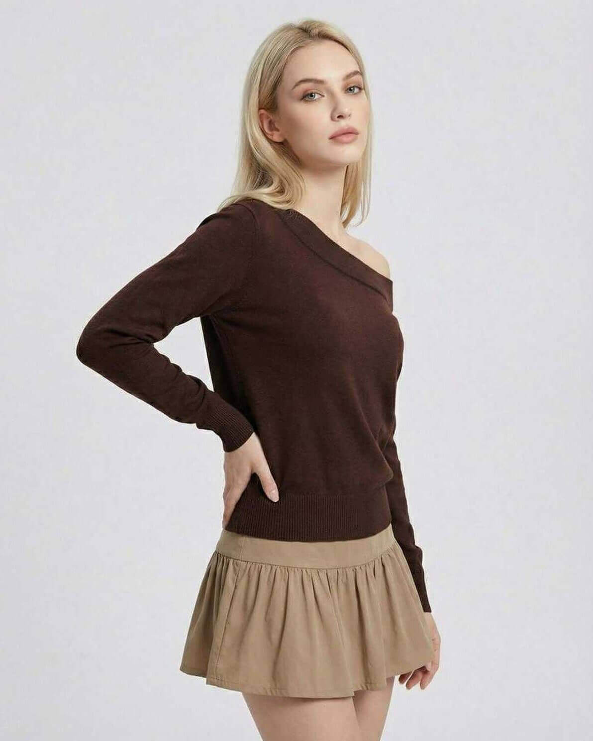 Verona Pullover by Lauven - Women’s Brown Off Shoulder Sweater with Slim Fit and Modern Slash Neck
