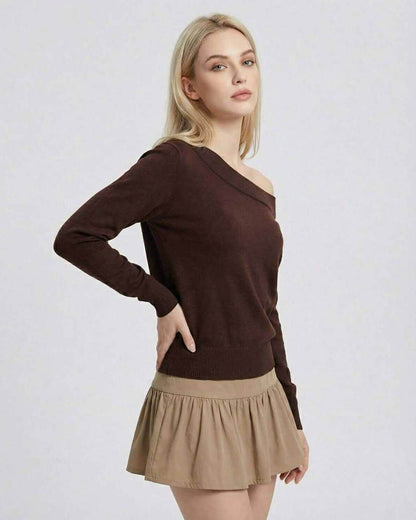 Verona Pullover by Lauven - Women’s Brown Off Shoulder Sweater with Slim Fit and Modern Slash Neck