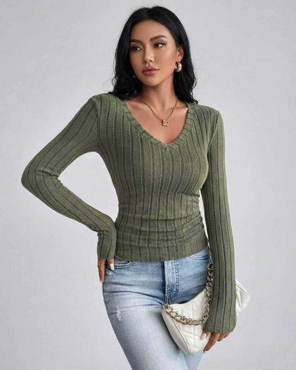 Sahara Sweater by Lauven – Women’s green V neck ribbed knit sweater with a slim fit and stylish design.