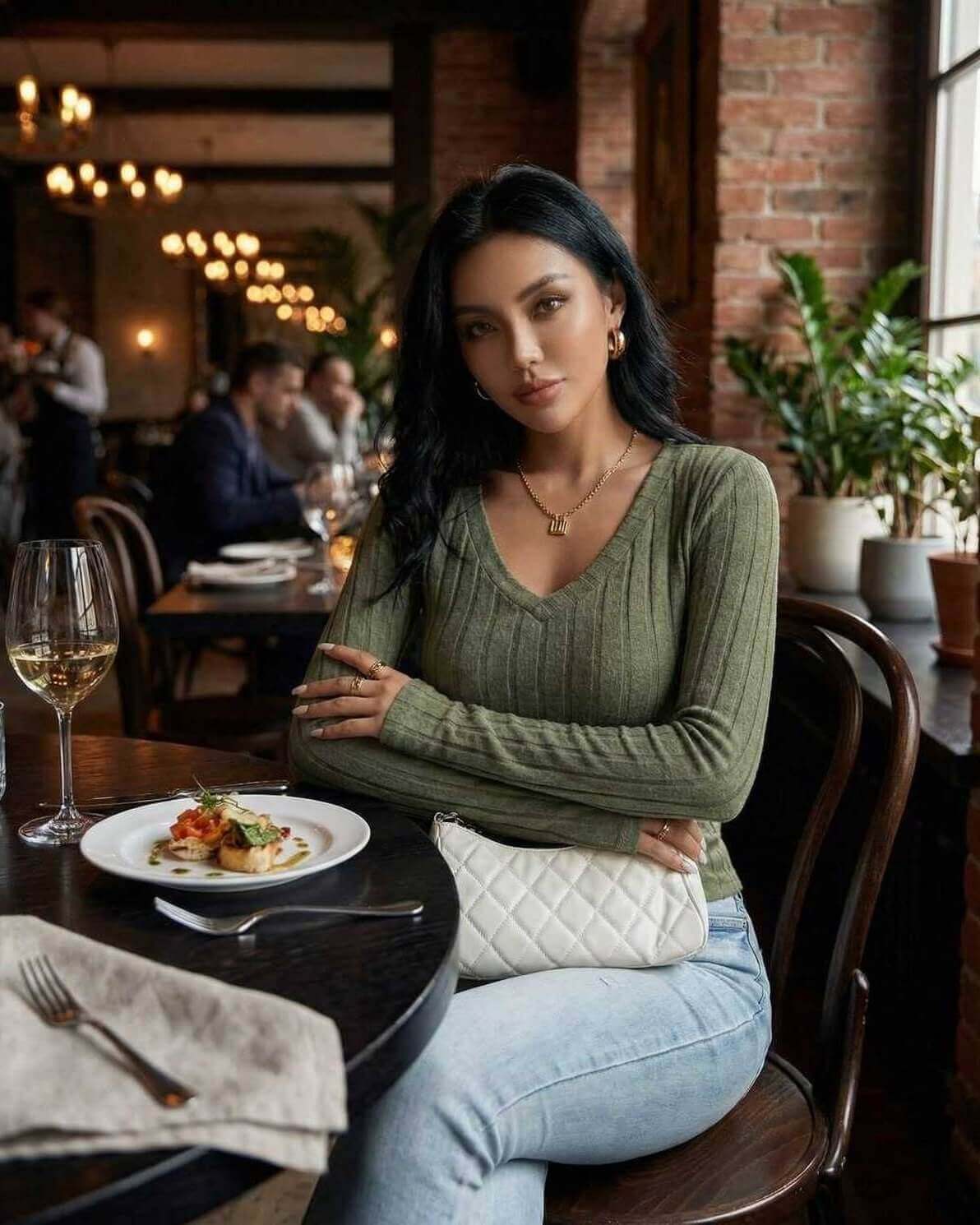 Sahara Sweater by Lauven - Women's green ribbed V neck sweater in a stylish restaurant setting.