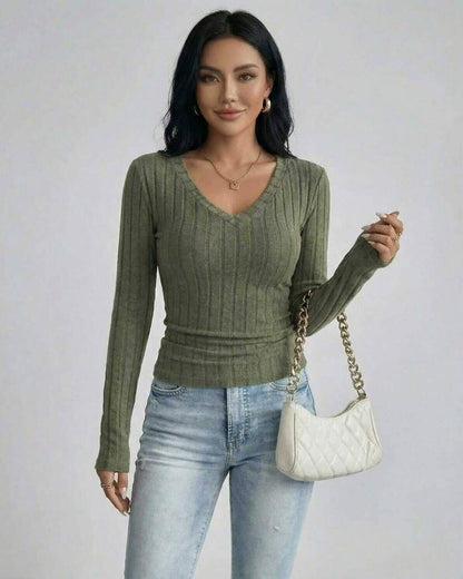 Sahara Sweater by Lauven - Women's green V neck sweater with ribbed knit and slim fit.