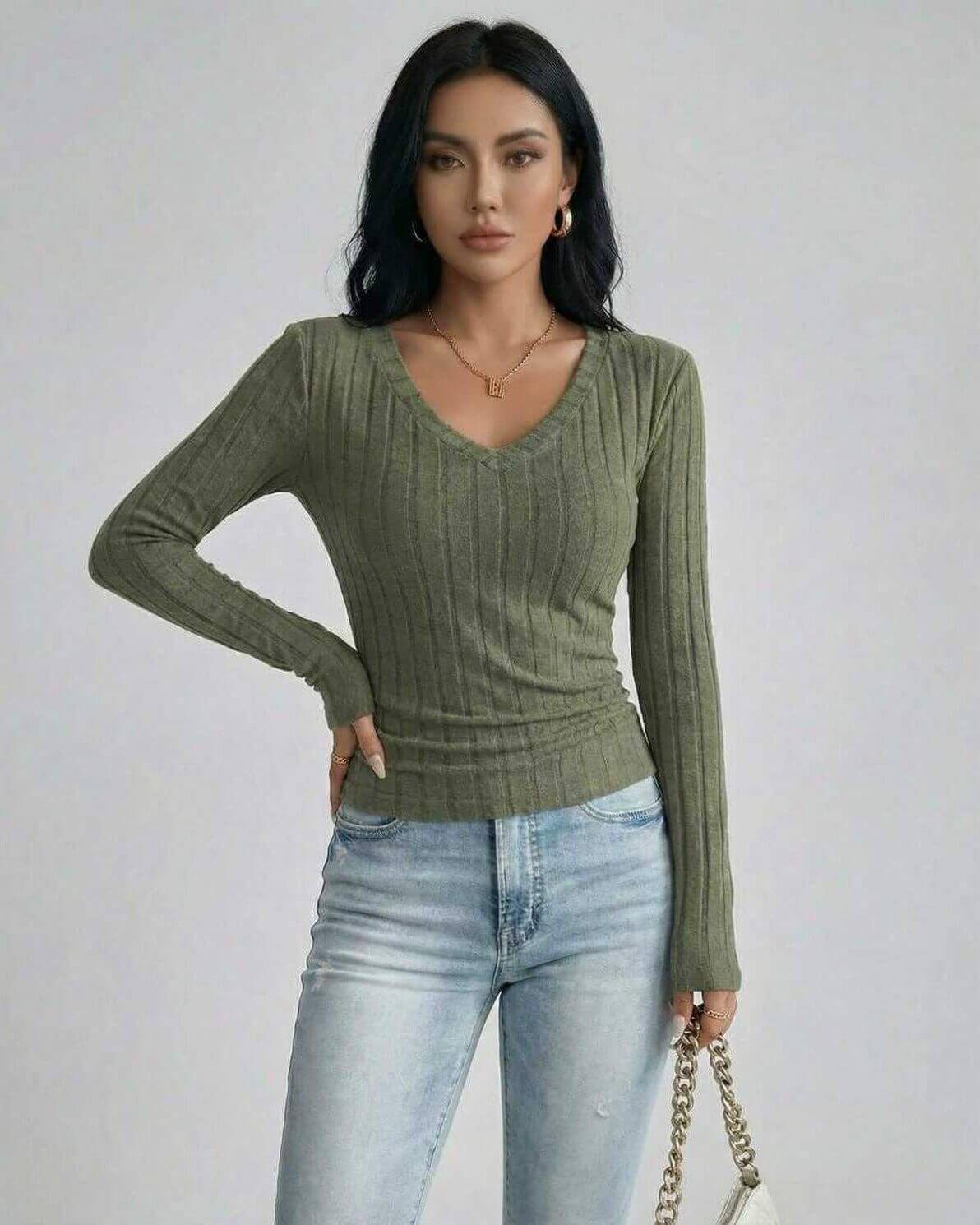 Sahara Sweater - Lauven Women's Green V Neck Sweater with Ribbed Knit & Slim Fit